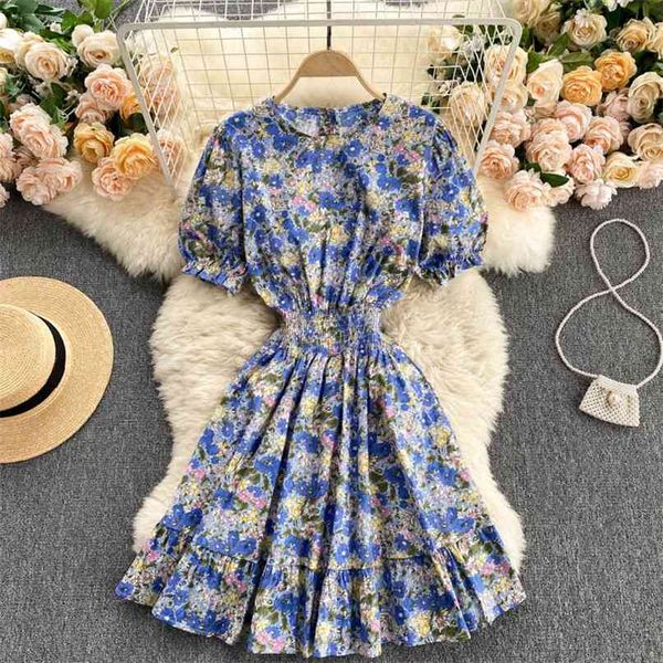 

holiday women's summer fashion round neck short sleeve high waist thin sweet floral print a-line dress vestidos s112 210527, Black;gray