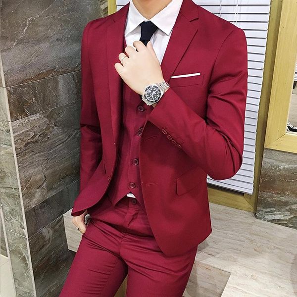 

men's suits & blazers young fashion wine red casual suit 3pcs set men korean-style slim fit teenager handsome marriage formal dress coa, White;black