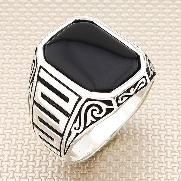 

rectangle black onyx stone men silver ring with symmetrical motif made in turkey solid 925 sterling cluster rings, Golden;silver