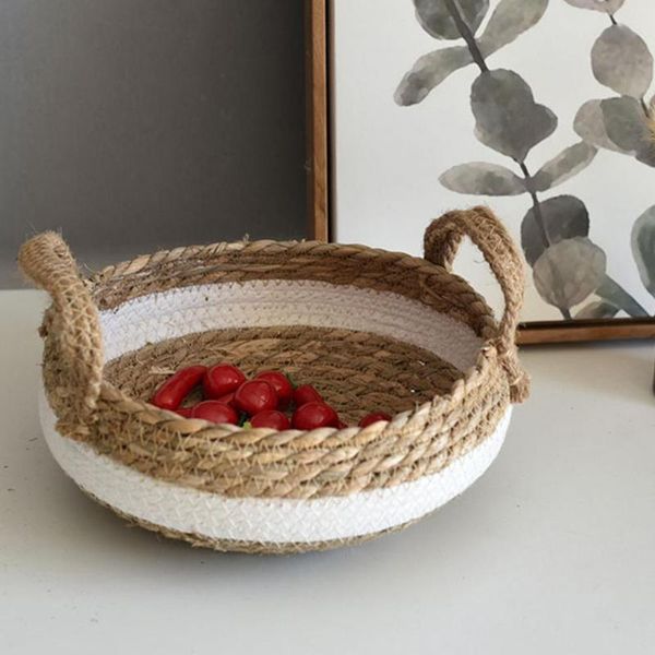 

storage basket wear-resistant with handle round straw for book decorate organize and store items keep home clean baskets