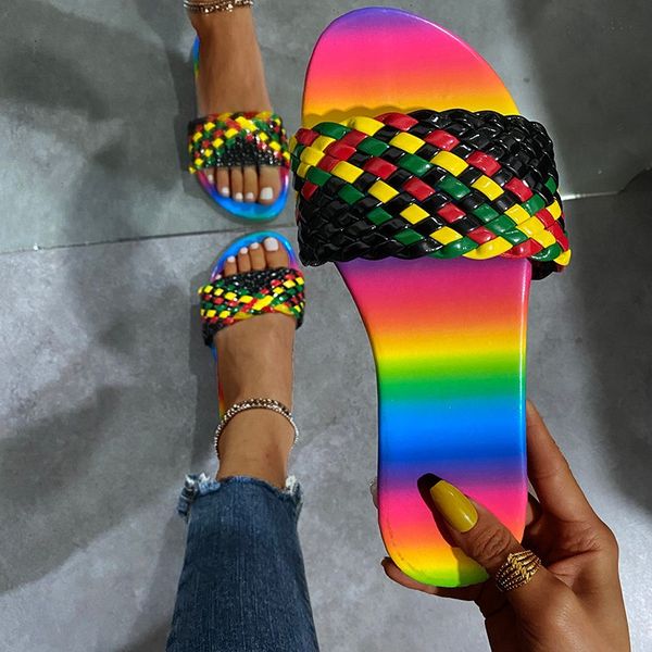 

2021 women sandals fashion flat rainbow shoes ladies european and american style summer cool slippers, Black