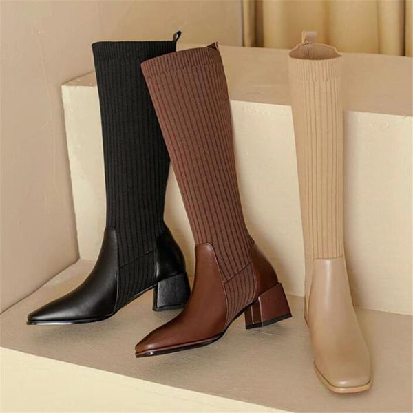 

boots socks design ladies thick heel high square toe fashion party, Black