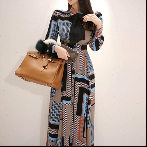 

[ewq] womens dresses spring long sleeve modern lady loose casual laides robe bow check party shirt qb93709, Black;gray