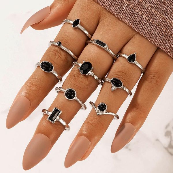 

wedding rings 10pcs/set luxuey rhinestone finger for women trendy black dropping oil geometry ring set lady jewelry 19724, Slivery;golden