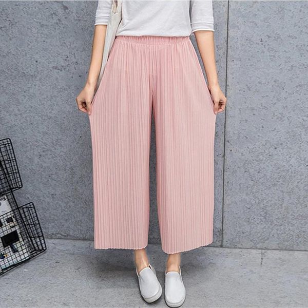 

women's pants & capris 2021 summer korean high waist nine points wide-legged fashion casual women elastic pleated, Black;white