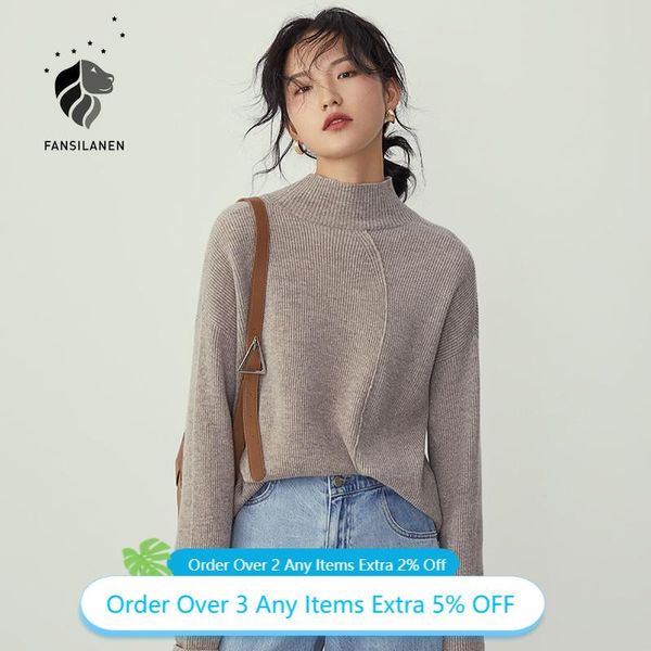 

women's sweaters fansilanen oversized 100% wool turtleneck knitted sweater women long sleeve casual streetwear pullover vintage cashmer, White;black