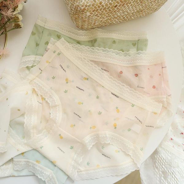 

women's panties underwear women n750 cool and fresh fruit print sweet net gauze japanese breathable mid-waist briefs, Black;pink
