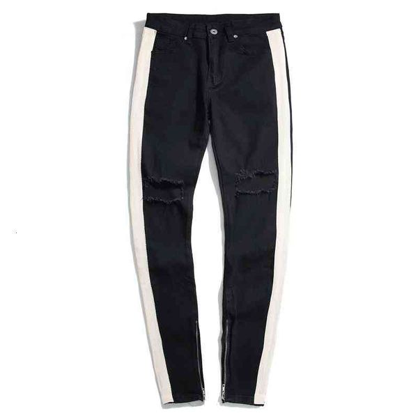 

Men's Jeans Man 'side Stripe Zipper Designer INS Stretch Broken Hole Black Hip Hop Sportswear Elastic Waist Joggers Pants Fashion, Blue