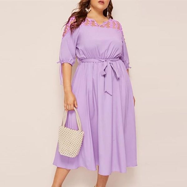 

women's wool & blends casual long sleeve large sizes v-neck sash midi dress summer 2021 spring lace sundress ladies#j30, Black