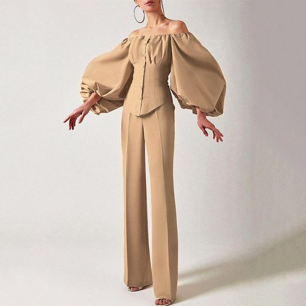 

women's blouses & shirts spring summer women shirt off shoulder lantern sleeve blouse elegant pleated slim button solid color top, White
