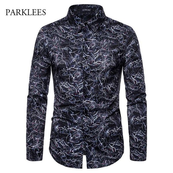 

men's casual shirts punk style long sleeve paint digital print turn-down collar shirt men brand cotton slim fit party camisa masculina, White;black