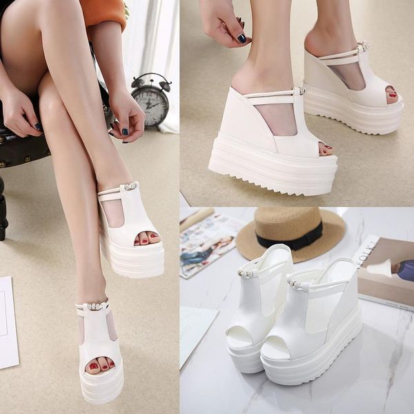 

14cm thick bottom mesh wedges heel fish mouth shoes white slippers super high sandals and waterproof platform, Black