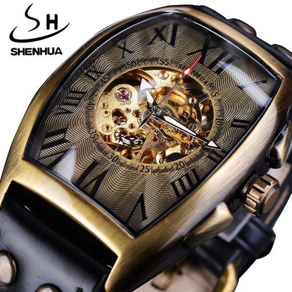 

shenhua skeleton dial design retro romanesque analogue men automatic clock black gold lighting hand leather tape mechanical, Slivery;brown