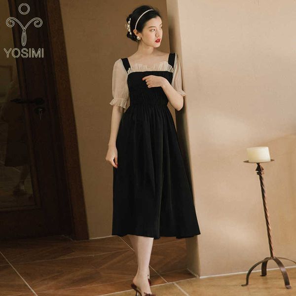 

yosimi summer vintage patchwork beige mesh short sleeve strapless puff mid-calf evening party black long women dress 210604, Black;gray