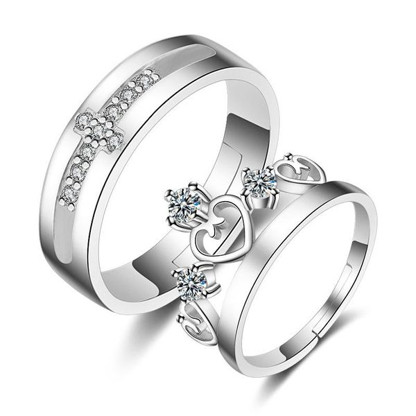 

2-piece set silver color crown cross adjustable rings romantic wedding cz ring jewelry for couple fashion valentine's gift cluster, Golden;silver