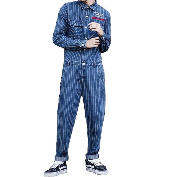 

men's hip hop casual jeans jumpsuits cargo slim bib overalls for male streetwear pants, Blue
