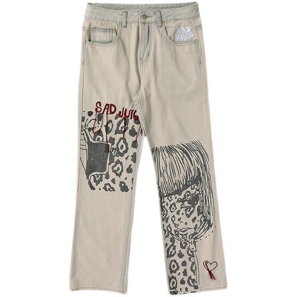 

men's jeans painted pants punk denim trousers hip hop streetwear embroidery retro vintage, Blue