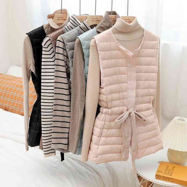 

women slim thin weight down jacket autumn winter sleeveless warm outwear casual white duck waistcoat 210602, Black