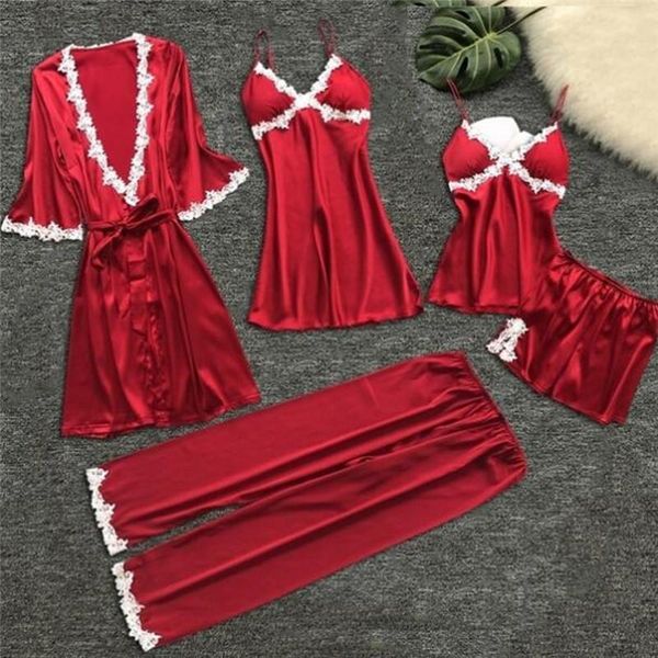 

women's pajamas silk solid overall 5pcs pajama set satin pyjamas lace nightie sleepwear home clothes nuisette femme, Black;red