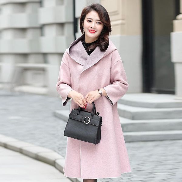 

women's wool & blends fashion parkas autumn and winter long hooded woolen coat animal warm solid loose white pink jacket, Black