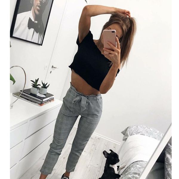 

women's pants & capris women casual chic ladies loose drawstring elastic cotton and linen wide leg harajuku, Black;white