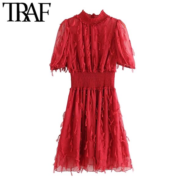 

women chic fashion appliques pleated mini dress vintage high neck short sleeve female dresses vestidos mujer 210507, Black;gray