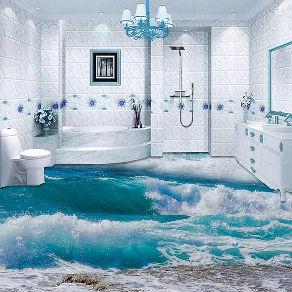 

wallpapers pvc self adhesive waterproof 3d floor tiles wallpaper modern seawater sea wave po murals bathroom bedroom wall papers sticker