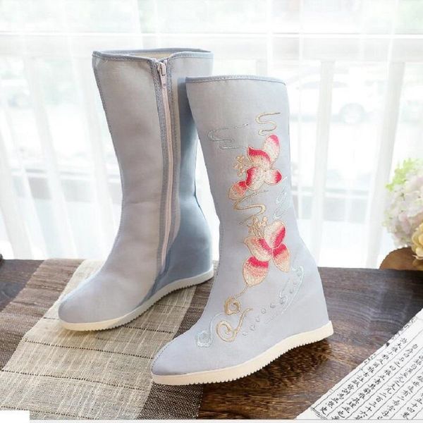 

boots spring autumn national style height increasing embroider flowers zipper canvas women half mid-calf equestrian 0624, Black