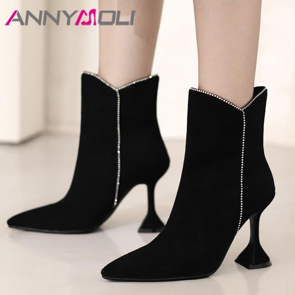 

boots annymoli women shoes winter ankle super high heel pointed toe strange style ladies short purple size 43, Black