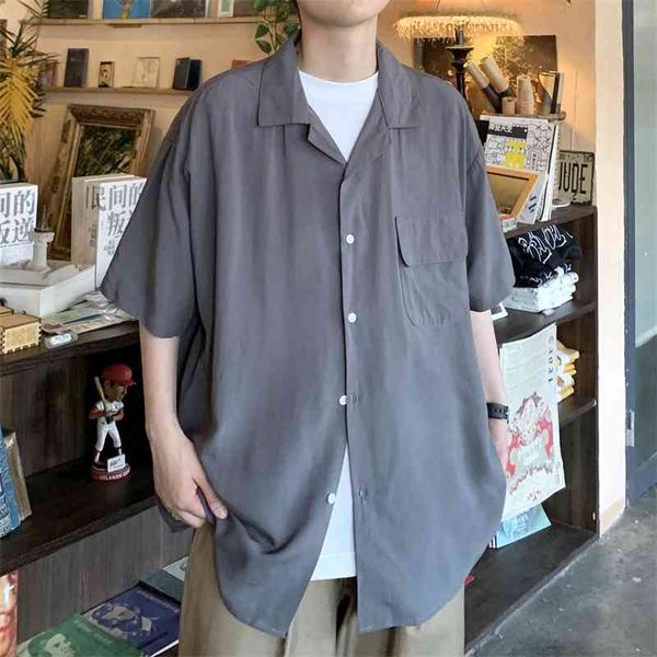 

intfeday simple basic cuban collar short sleeve men's loose solid silk shirt2021, White;black