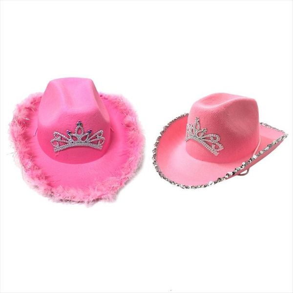 

cowgirl hat in pink with feather made selvege wool felt fedora tiara decorated shining sequins as, Blue;gray