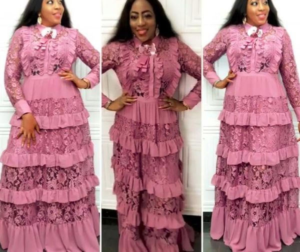 

dresses arrival elegant lace tiered cake sleeve down collar maxi plus size dress african women clothing p707 fb1i, Black;gray