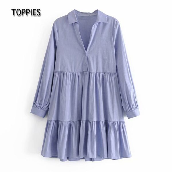 Toppies Vintage Mavi Pamuk Bluzlar Elbiseler Kadınlar Uzun Kollu Pileli Hem Mini Elbise Rahat Smocks 210412