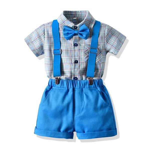 

family matching outfits korean children's clothing 2021 summer short-sleeved suit plaid shirt boys' five-point pants, Blue