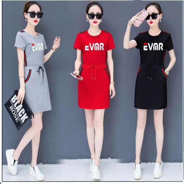 

summer round neck casual short-sleeved slim mid-length dress bag hip skirt broken head bear top, Black;gray