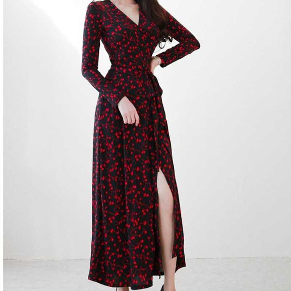 

women spring v neck slim floral print wrap split long dress party office ladies high waist beach maxi dresses 210526, Black;gray