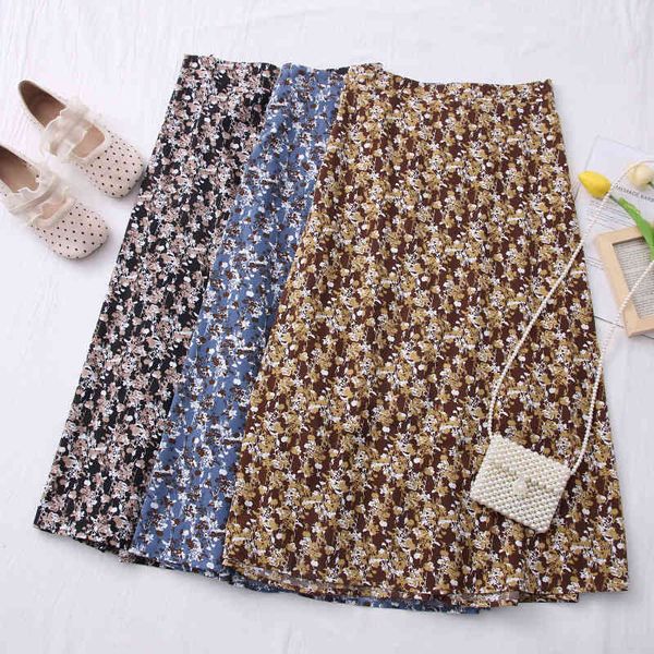 

spring summer chffion skirt for womens high waist elastic zipper floral skirt female vintage print a-line long 210420, Black