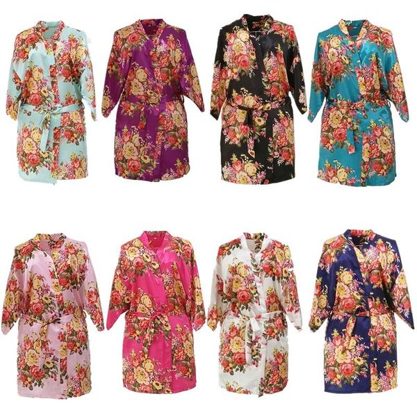 

women's sleepwear wholesale women floral satin silk kimono robe short bathrobe bride and bridesmaid nightgown t28, Black;red