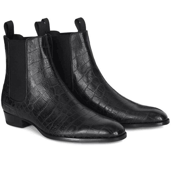 

real picture crocodile pattern cowhide slip on men dree boots handmade customized wedge wedding paris catwalk boot, Black