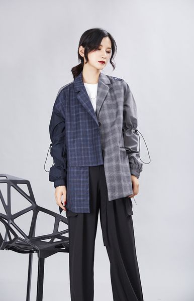 

msxu retro small women's two-color plaid suit sewing on jacket layers, Black;brown