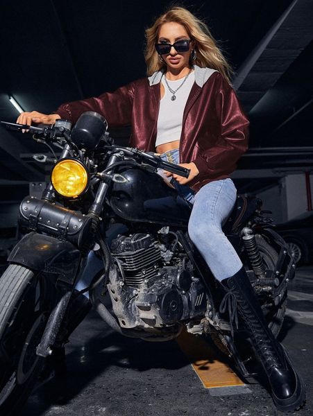 

drop shoulder zip through pu jacket f4fu#, Black;brown