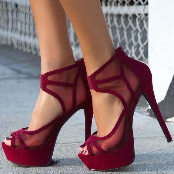 

dress shoes burgundy mesh women high heel platform peep toe cut-out back zipper super stiletto heels banquet, Black