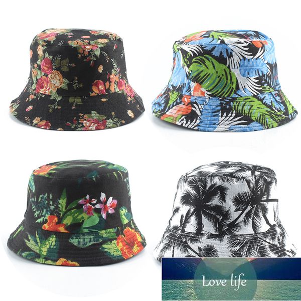 

new fashion summer coconut tree flower printed fisherman caps panama bucket hat reversible gorro pescador men women factory price expert des, Blue;gray