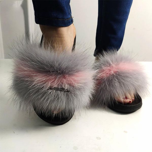 

ladies real fur slides women furry plush big size slippers with raccoon shoes female fluffy sandals wholesale flip flops, Black