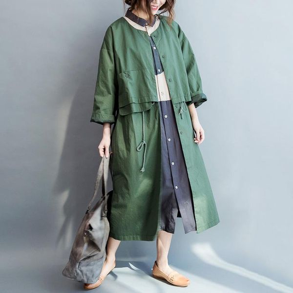 

women's trench coats johnature high waist tie o-neck casual cardigan long 2021 autumn sleeve loose single-breasted women, Tan;black