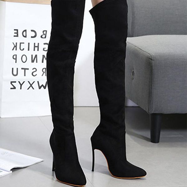 

boots busy gril ml9128 european and american style elastic over-the-knee boots, thin heels, legs, pointed long, Black