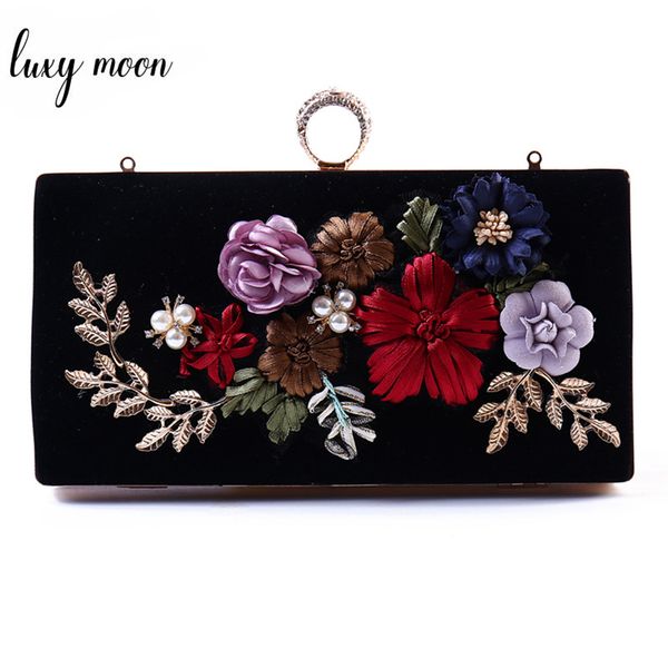 

handmade embroidery flower clutch bag for women exquisite black velour evening bags wedding bridal purse chain handbag zd1086