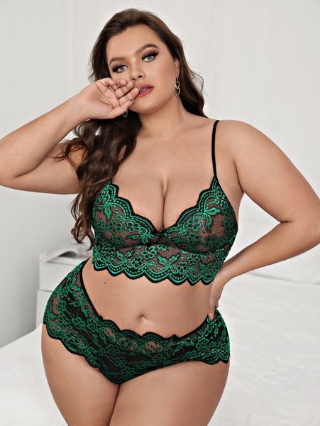 

plus floral lace scallop trim lingerie set d0uq#, Black;white