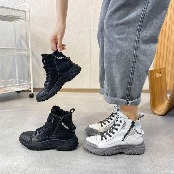 

high casual shoes women's autumn and winter new cow leather thick side zipper sports korean version versatile dad