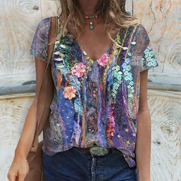 

women's t-shirt 3d floral printed t shirt women harajuku boho plus size short sleeve v-neck tee casual summer pullover daily, White